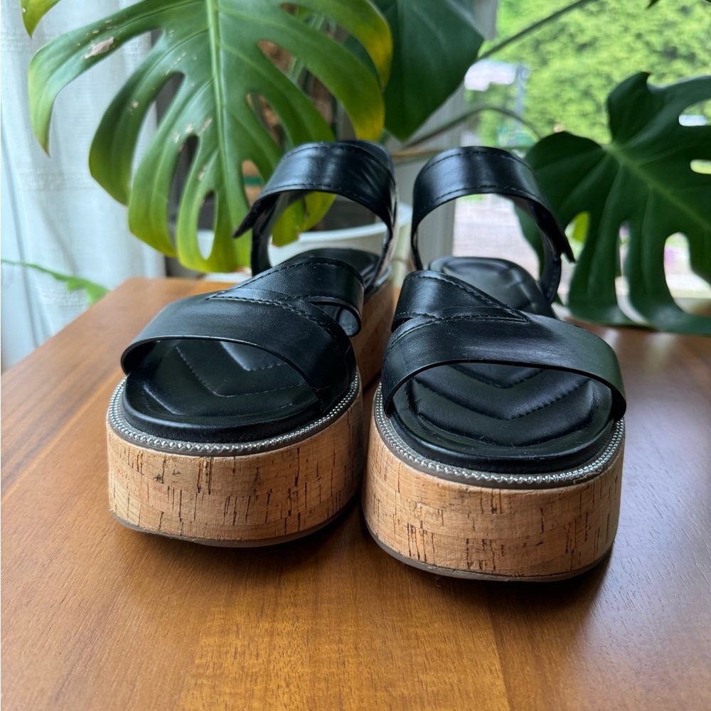 Franco Sarto Black Leather Cork Platform Sandals - Picture 4 of 11